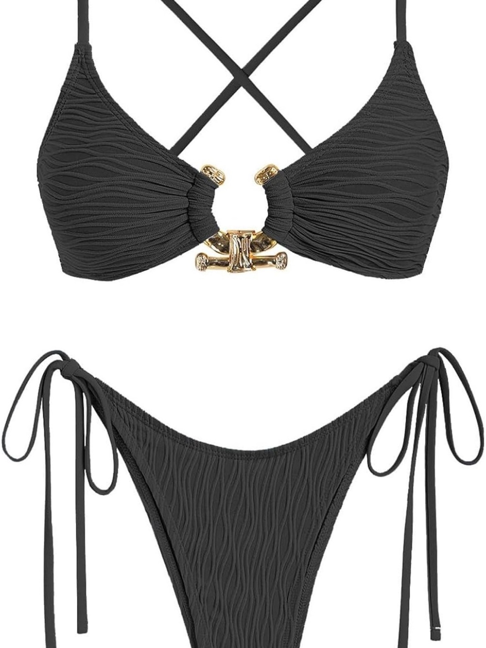Zaful Black Textured Tie-Side Bikini with Gold Accent